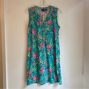 Caribbean Joe Tropical Print Turquoise Pink Sleeveless Tunic Dress Womens Large